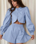 Blue Cotton O-Neck Crop Shorts Office Two Piece Set image 1
