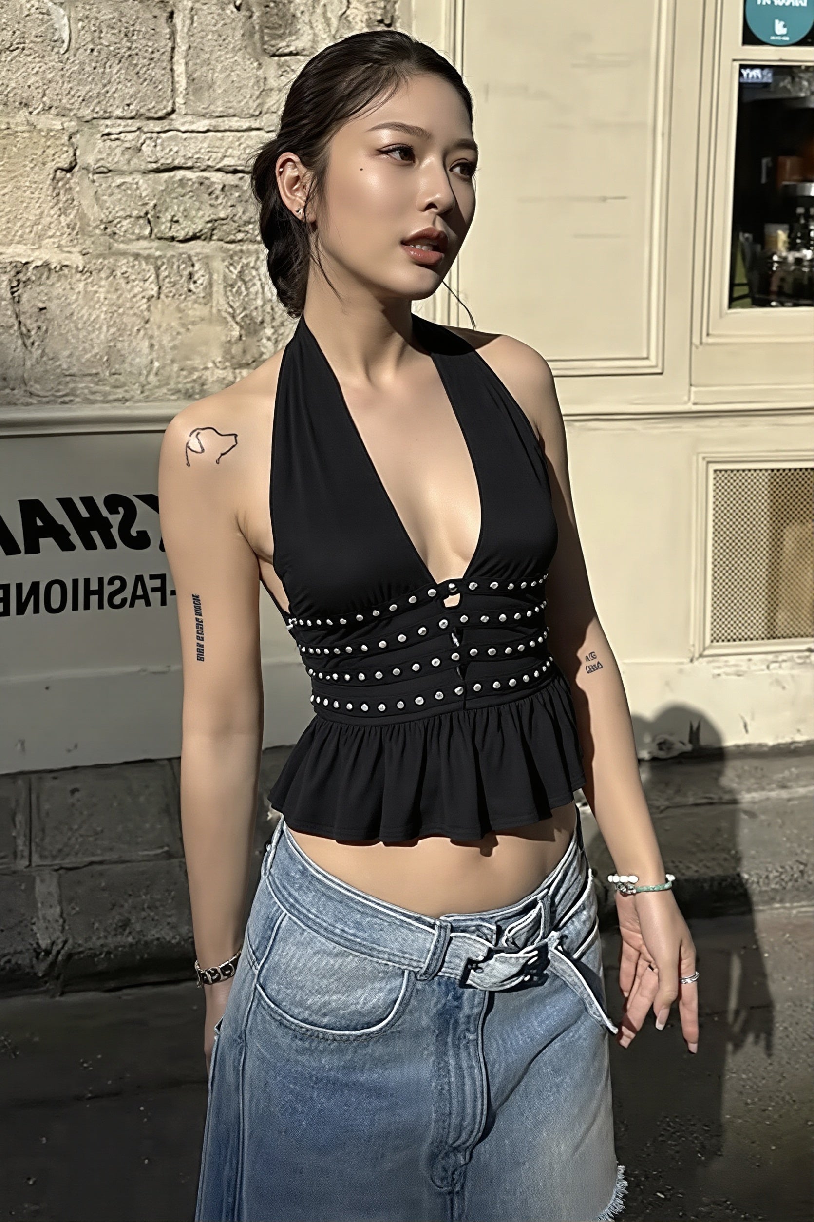 Sexy Deep V Cut Out Backless Halter Bodycon Fit Halter Top image 1