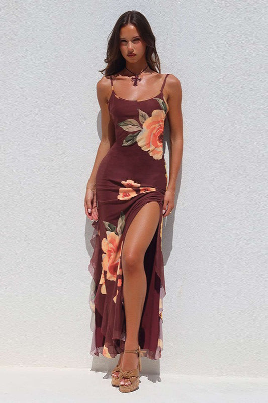 Sexy Floral Mesh Split Backless Maxi Dress image 3