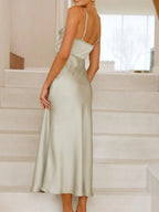 Willa Satin Dress detail view styled for Avrienne