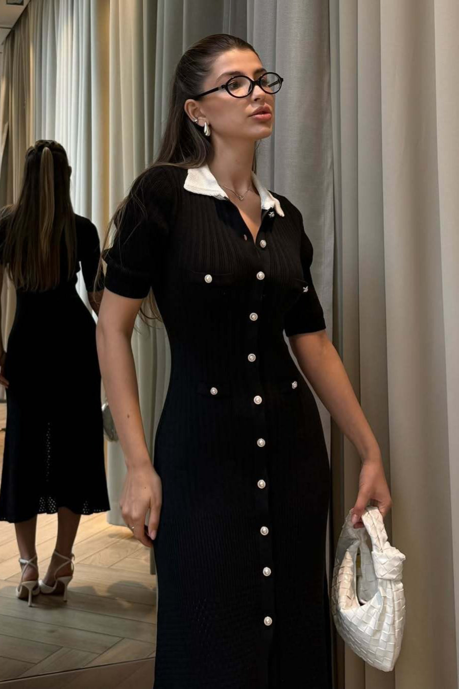 Single Breasted V Neck Knitted Slit Peter Pan Collar Midi Dress image 10