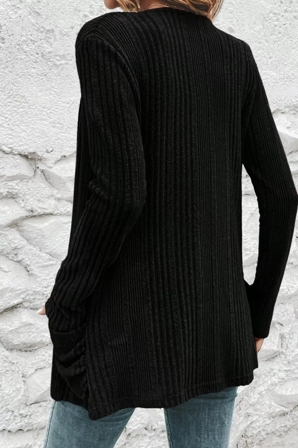 Estelle Pocket Cardigan detail view styled for Avrienne