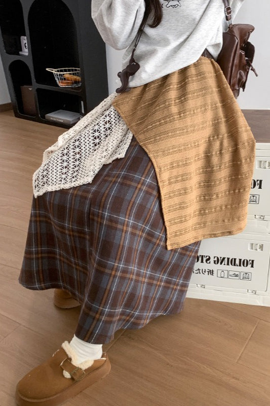 Asymmetric Lace Panel Plaid Skirt image 4
