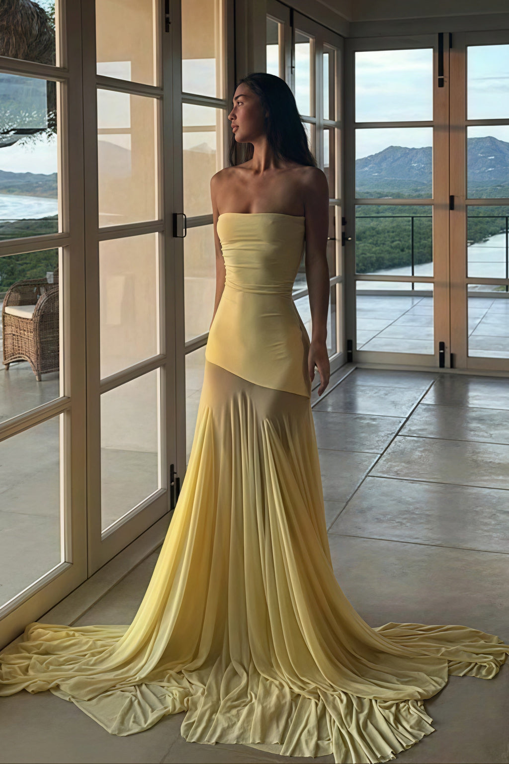 Solid Slim Patchwork Sheer Strapless Maxi Dress image 3