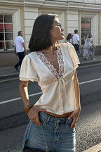 Casual Lace Satin Splice Tie Blouse image 4