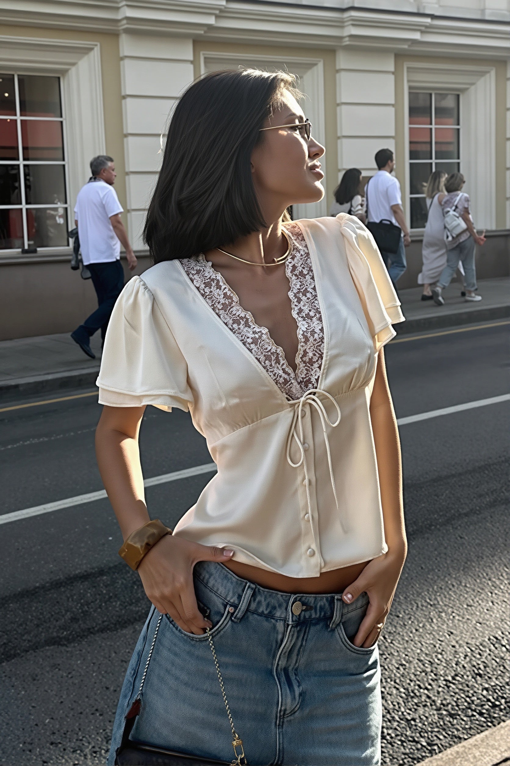 Casual Lace Satin Splice Tie Blouse image 4