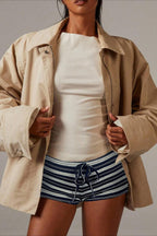 Simple Stripe Drawstring Low Waist Shorts image 7
