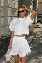 Stand Collar Puff Sleeve Ruffle Casual Two Piece Set image 2
