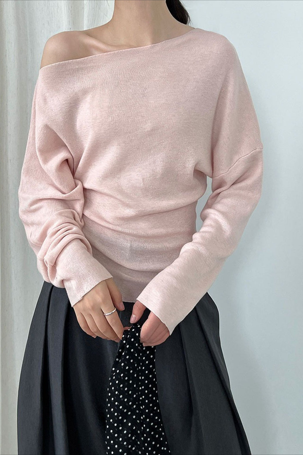 Waist Defining Asymmetric Shoulder Knit Top image 2