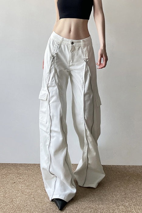 Long Zipper Pocket White Cargo Wide Leg Jeans image 2