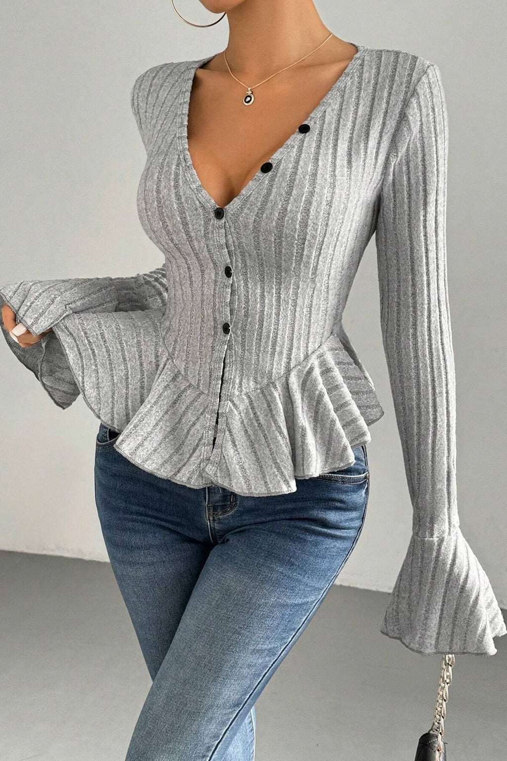 Flounced V-Neck Bodycon Knit Top image 1