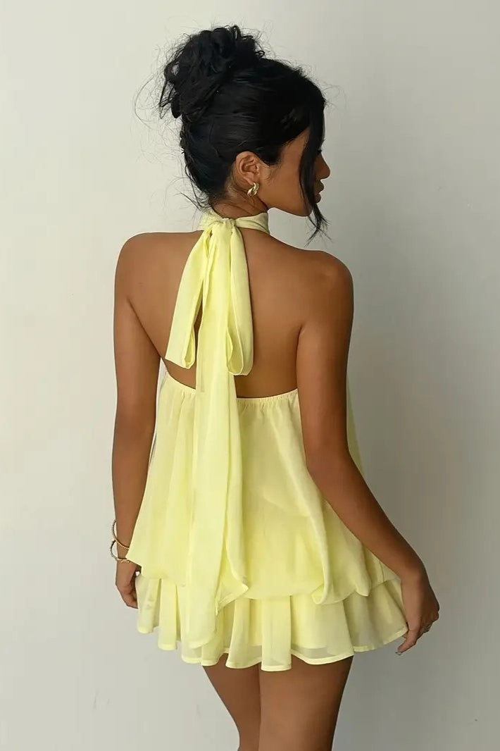 Solid Halter Cutout Back Tie Waist Cinch Mini Dress image 4