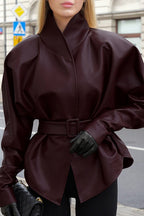 Stand Collar Trench Leather Jacket image 12