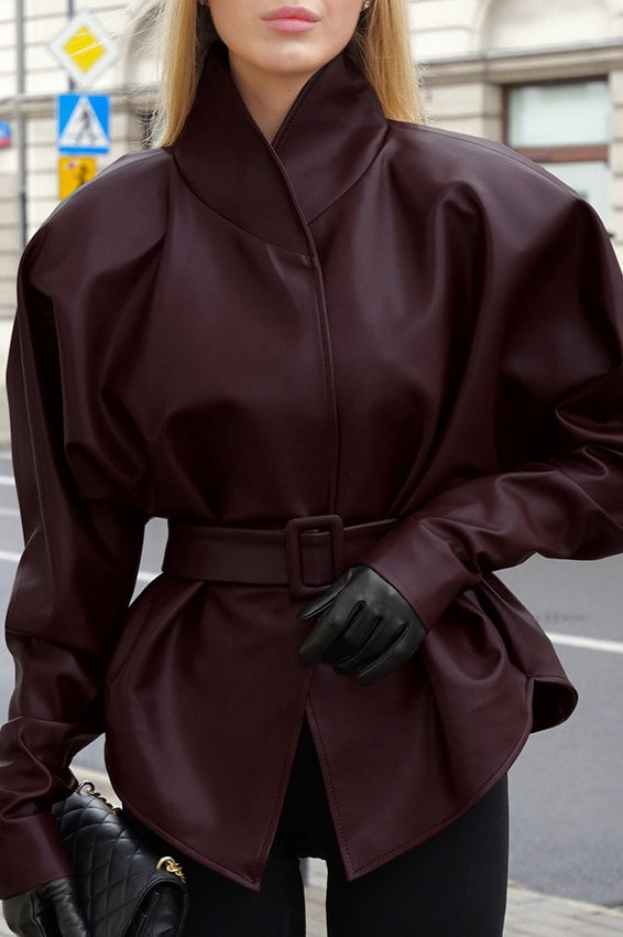 Stand Collar Trench Leather Jacket image 12