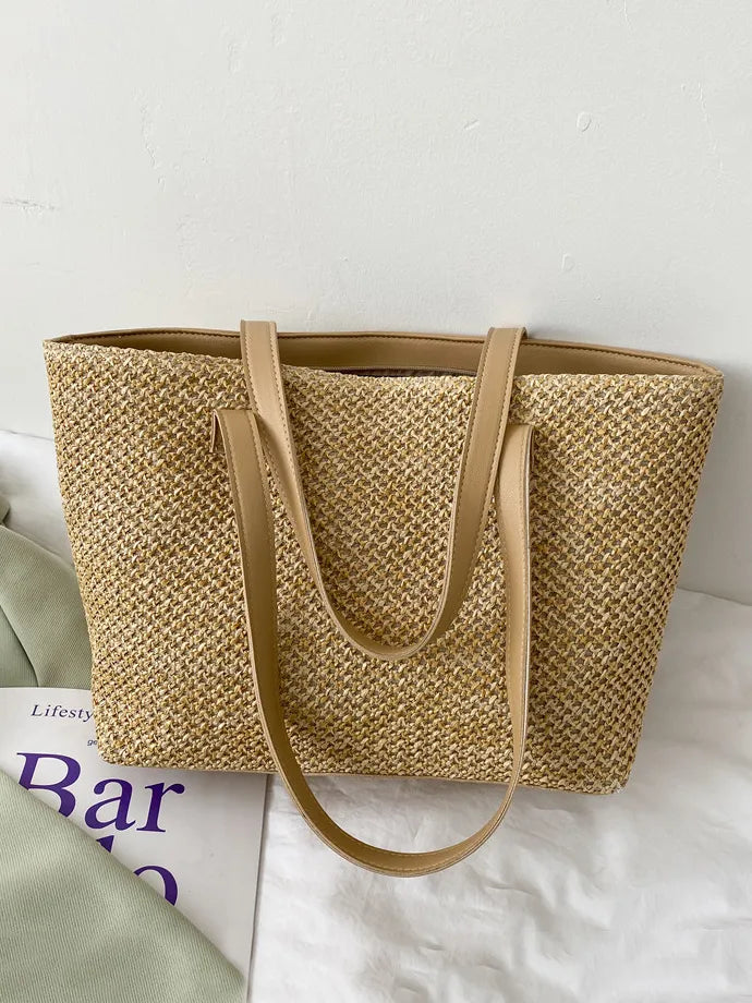 Yara Woven Tote detail view styled for Avrienne