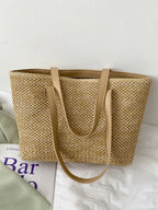 Yara Woven Tote detail view styled for Avrienne