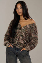New Retro Fashion Deep V-Neck Maillard Plush Long-Sleeve Knit Cardigan image 9
