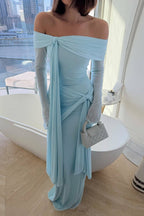 Off Shoulder Long Sleeve Solid Tie Bodycon Maxi Dress image 2
