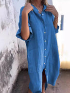 Marseille Linen Shirt Dress detail view styled for Avrienne