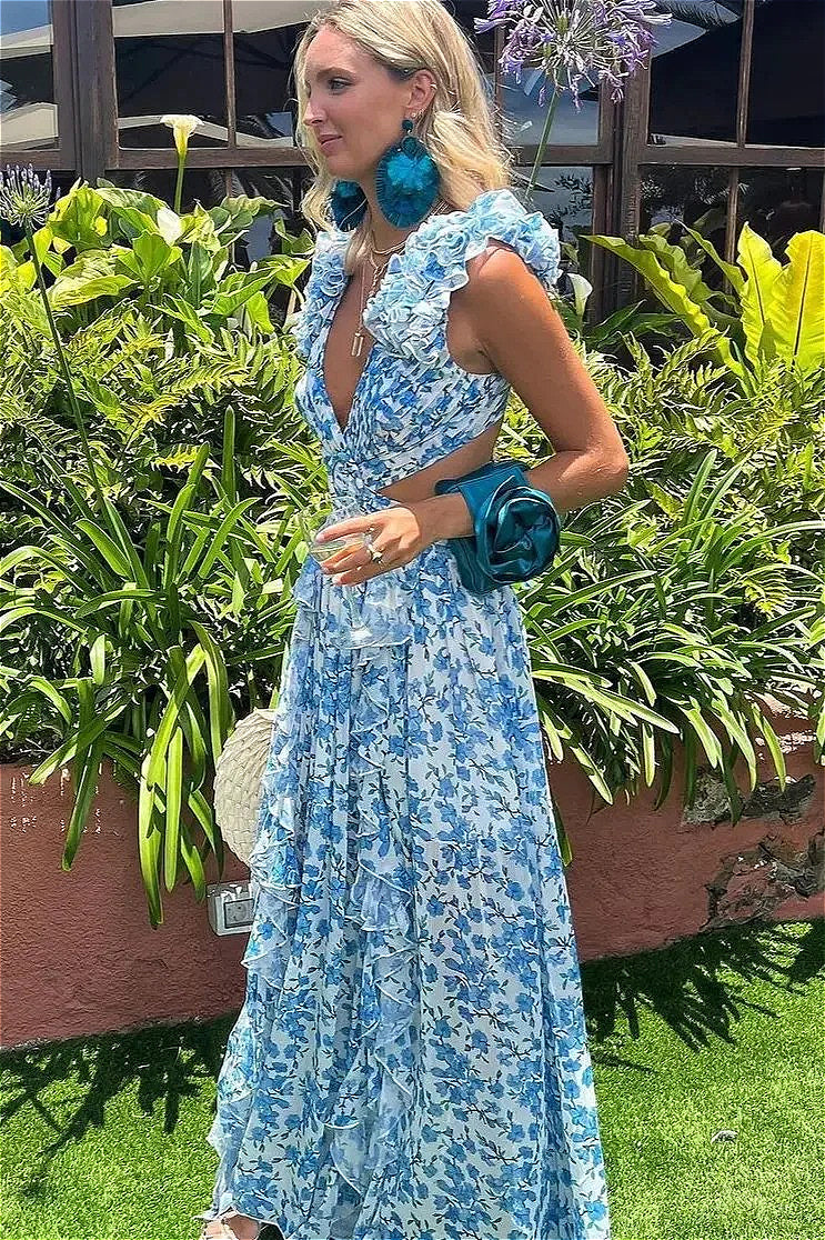 Ruffle Trim Deep V Floral Dress image 7