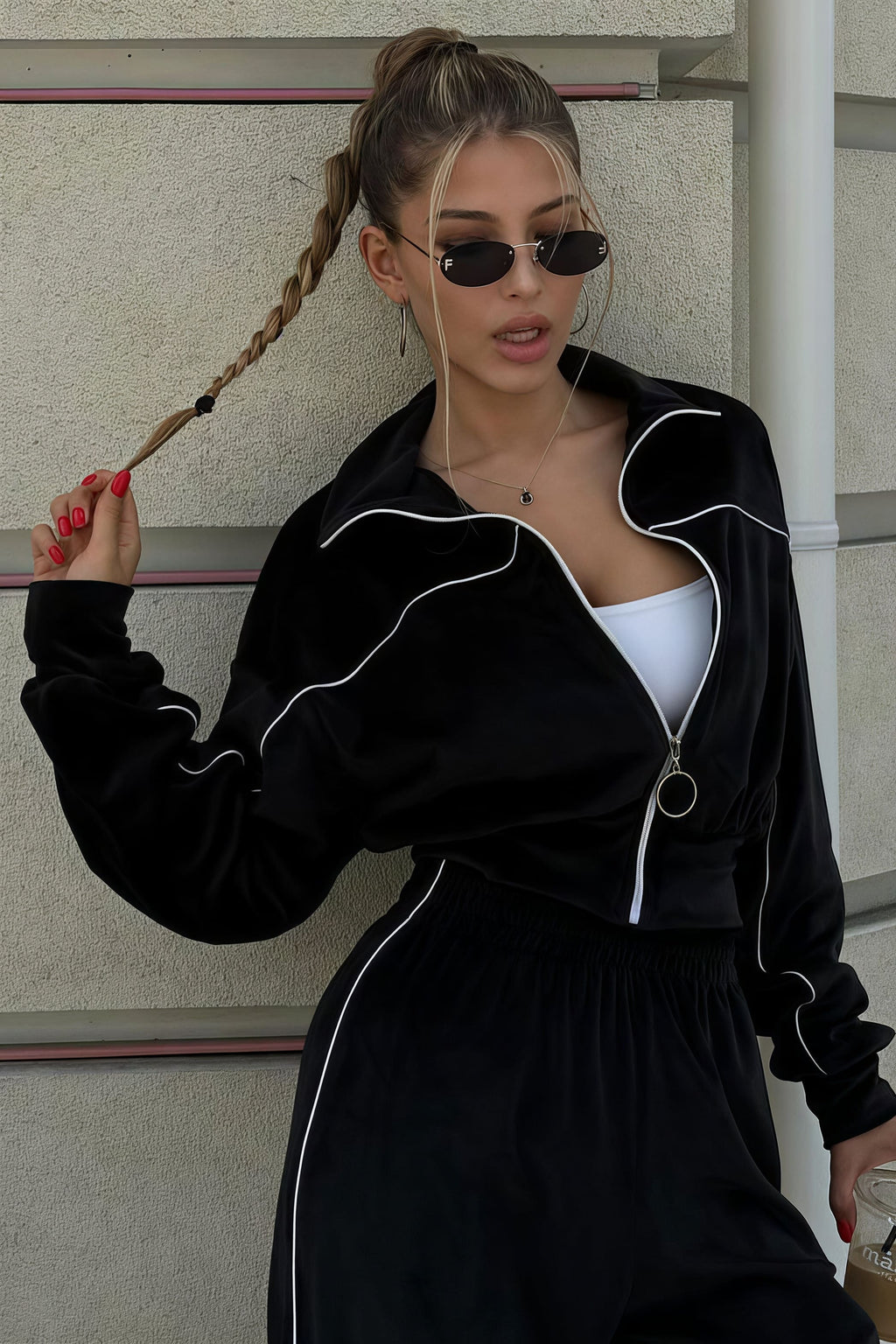 Athletic Velvet Collar Zipper Long Sleeve Two Piece Set image 16