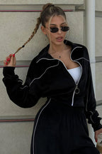 Athletic Velvet Collar Zipper Long Sleeve Two Piece Set image 16