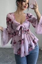 Floral Tie Dye Square Neck Tie Long Sleeve Blouse image 2