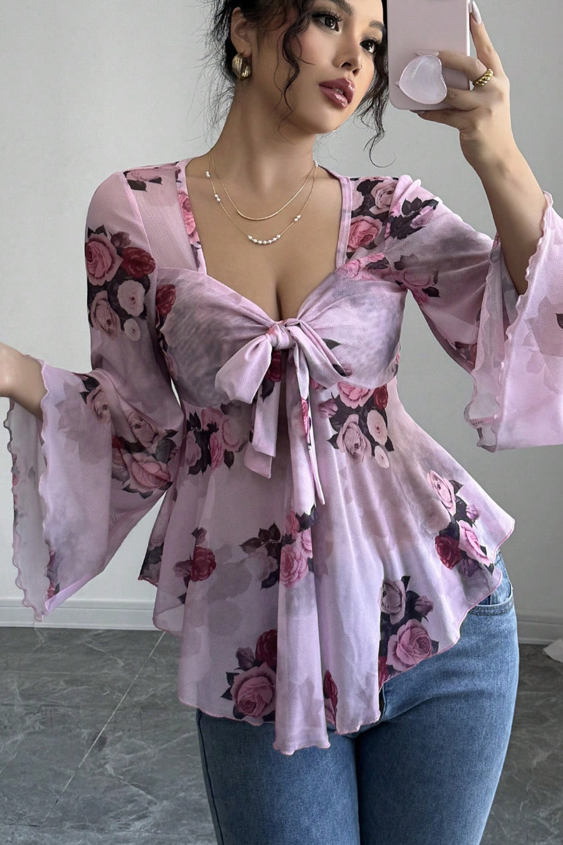 Floral Tie Dye Square Neck Tie Long Sleeve Blouse image 2
