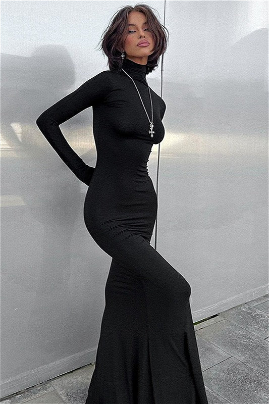 Solid Color High Neck Long Sleeve Maxi Dress image 4