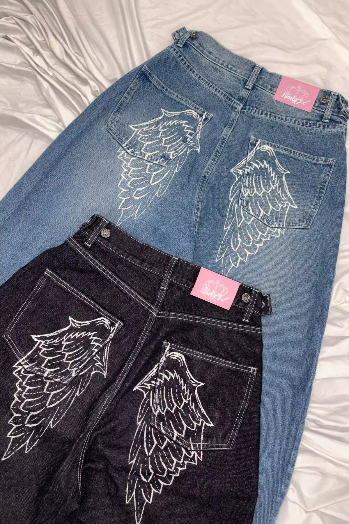 Angel Wing Embroidery Rhinestone Straight Jeans image 3