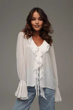 Solid V-Neck Ruffled Flare Sleeve Blouse image 5
