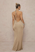 Deep V Halter Ruched Metal Trim Backless Maxi Dress image 22