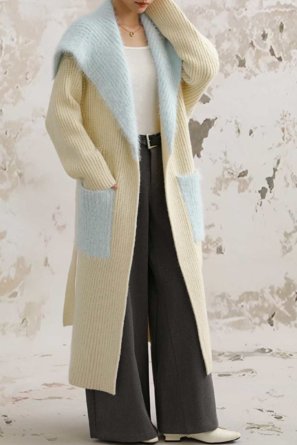 Faux Fur Collar Long Patchwork Loose Knit Overcoat image 2