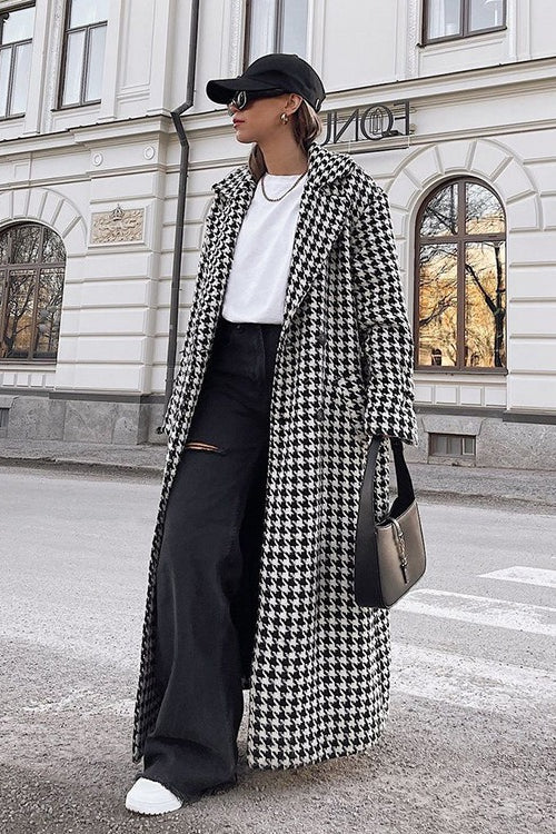 Houndstooth Long Trench Coat Chic Elegant Overcoat image 2