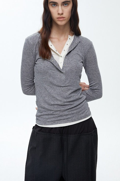 Button Detail Layered Long Sleeve Knit Top image 3