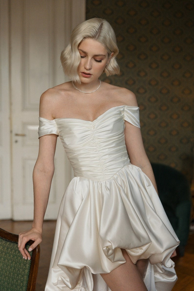 Satin Off Shoulder High Low Reception Dress image 3