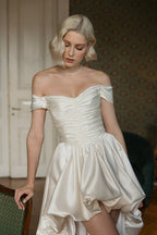 Satin Off Shoulder High Low Reception Dress image 3