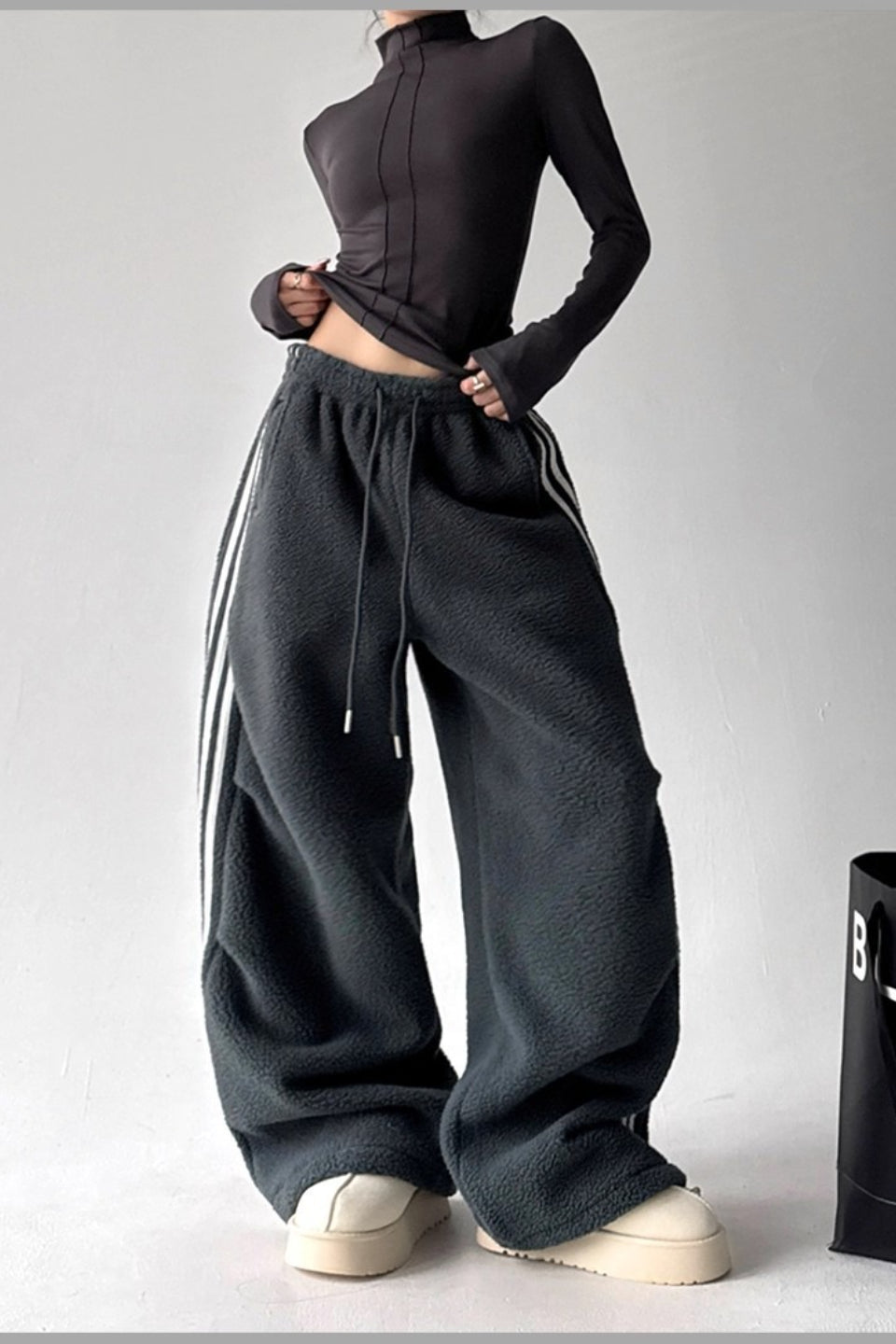Sporty Plush Wide-Leg Striped Pants image 5