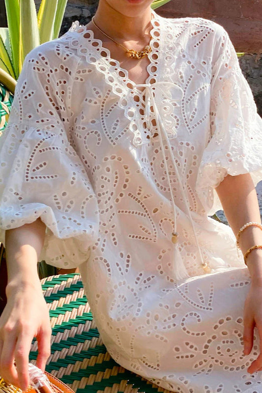 Embroidered Puff Sleeve White Maxi Dress image 2