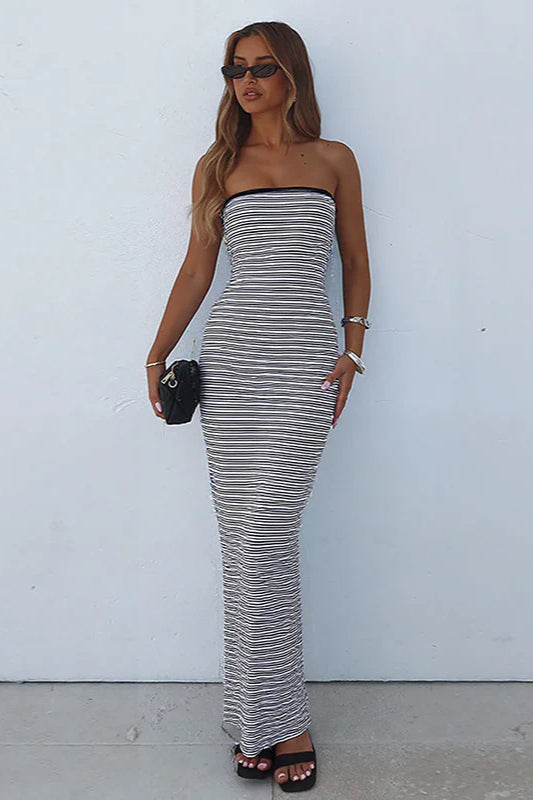Strapless Waist Cinching Bodycon Stripe Maxi Dress image 1