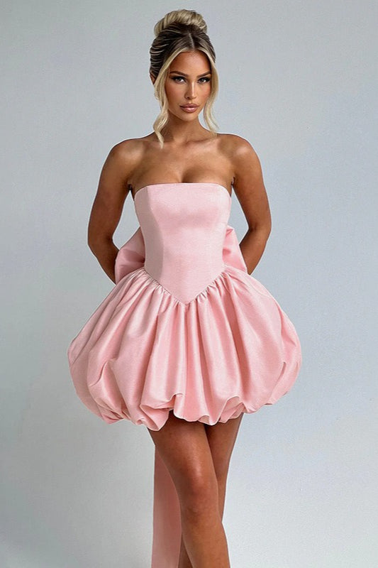 Solid Color Strapless Backless Big Bow Bubble Hem Prom Dress image 3