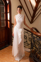 Sleeveless High Neck Flower Lace Patchwork Reception Dress image 4