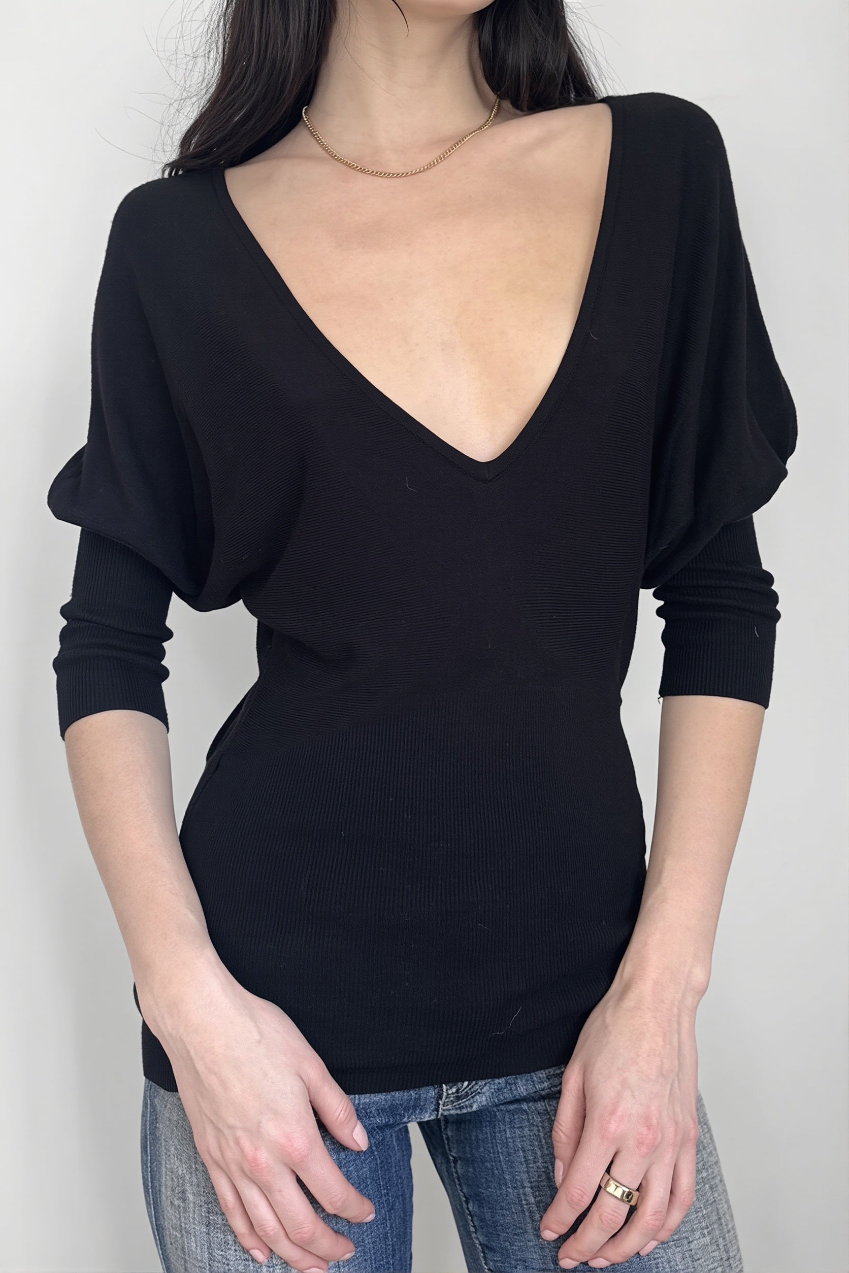 Black V Neck Slim Basic Blouse image 3