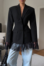 Black Lace Paneled Long Sleeve Waist-Cinched Soft Blazer image 1