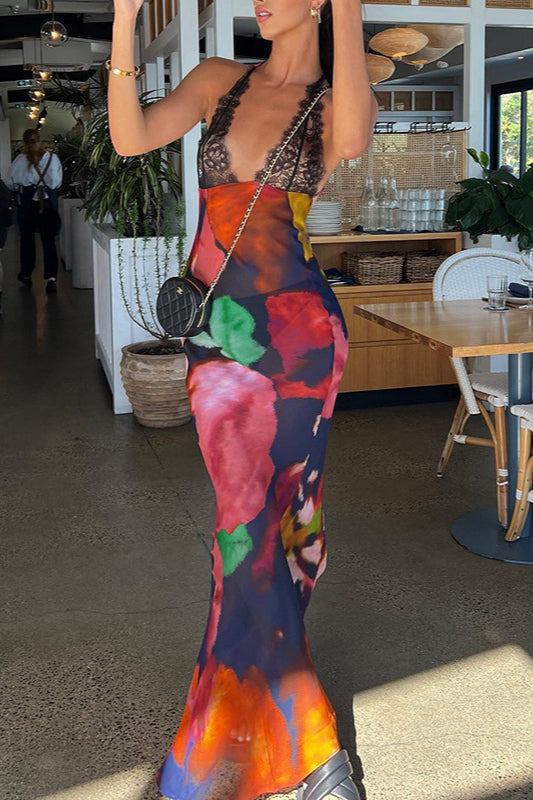 Lace Print Deep V Backless Cami Maxi Dress image 3