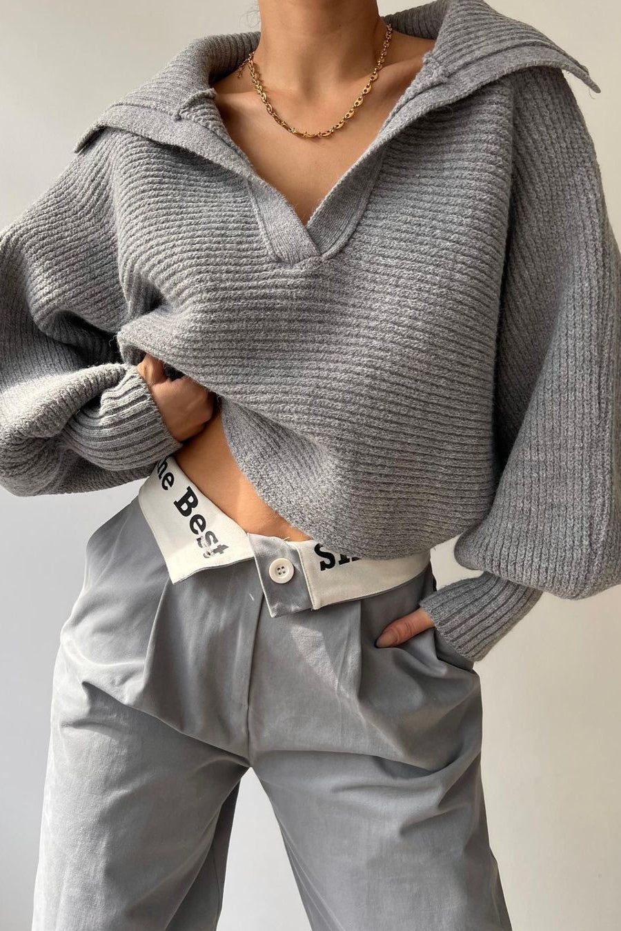 Lantern Sleeve Open Collar Knit Sweater image 1