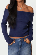 Solid Color Off-Shoulder Boat Neck Long-Sleeve Knit Top image 1