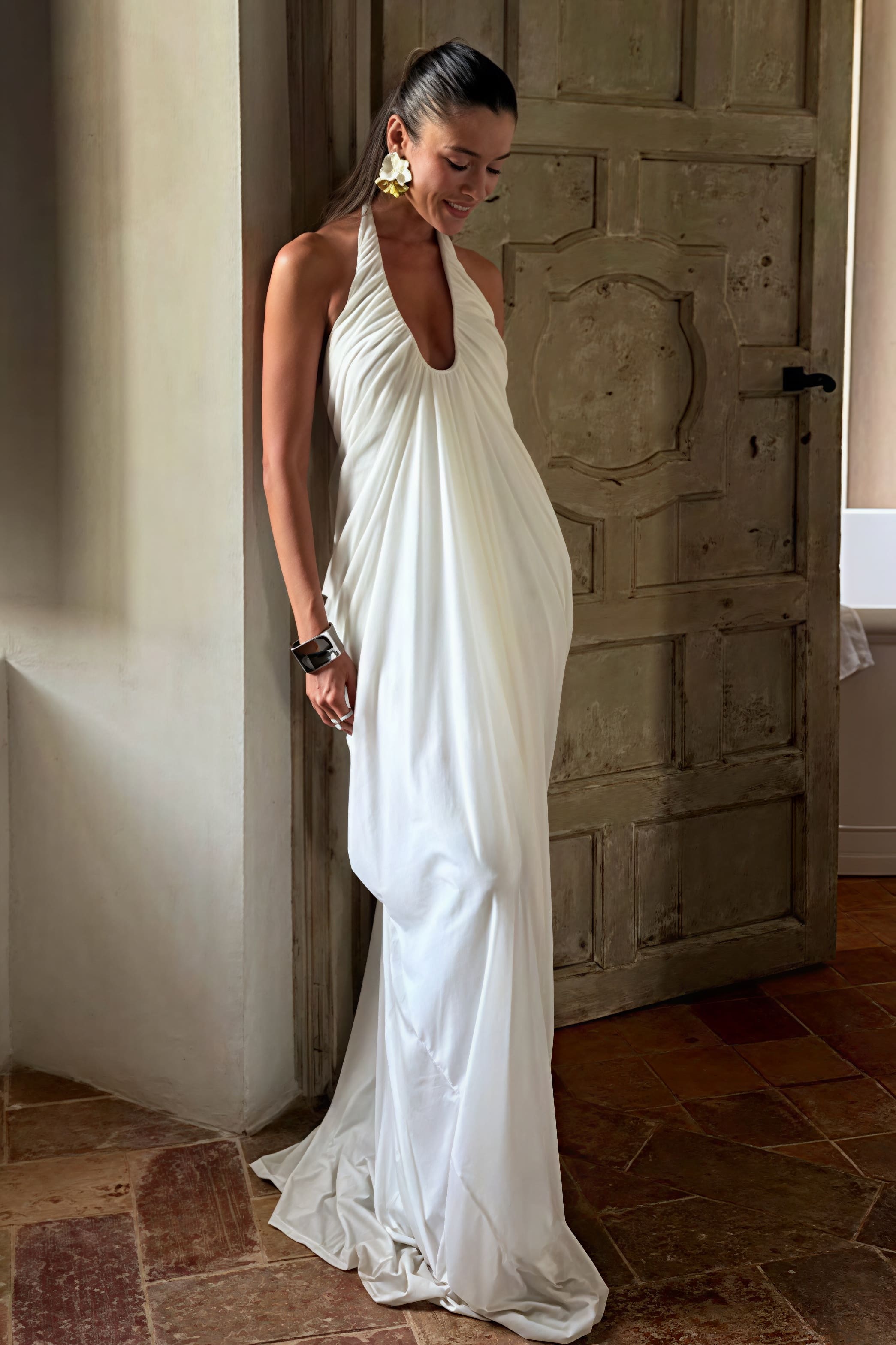 Loose V Neck Ruffled Halter Tulle Maxi Dress image 1