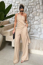 One Shoulder Asymmetric Tie Top High Waist Pants Two Piece Set image 2