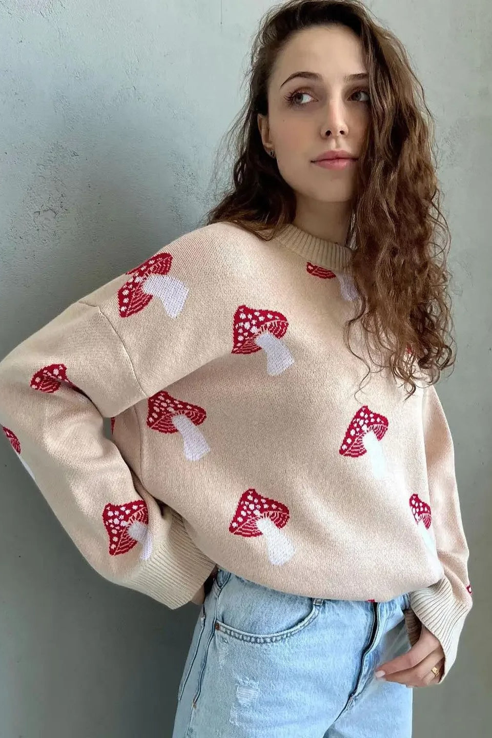 Mushroom Jacquard Knit Sweater image 1
